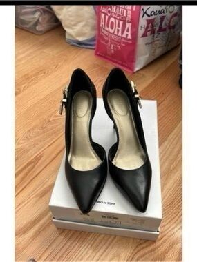 Maripe Black Pointed-Toe Heels with Gold Buckle